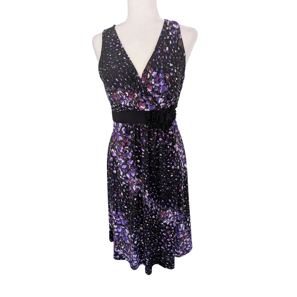 Apt. 9 Womens Purple Floral Sleeveless Faux Wrap Rosette Empire Waist Dress M